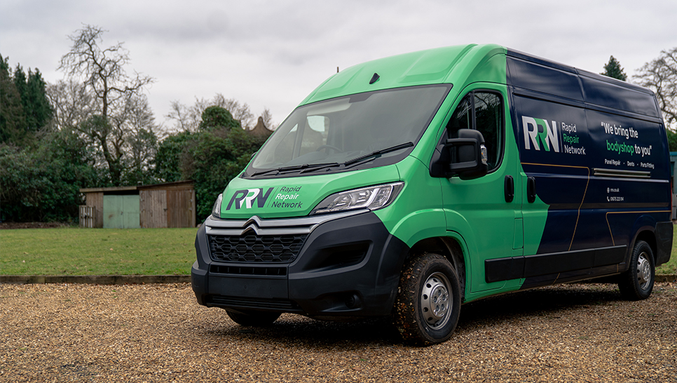 60% less carbon than bodyshops Rapid Repair Network branded van parked on driveway